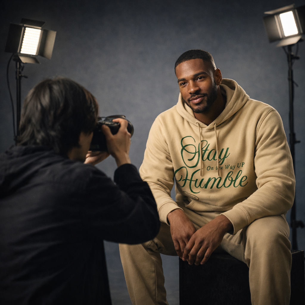 Man in a beige hoodie with text sitting for a photographer in a studio setting.